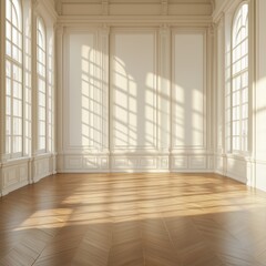 Obraz premium A spacious, elegant room with large windows allowing soft natural light to pour in, casting intricate shadows on the polished wooden floor and highlighting the classical architecture