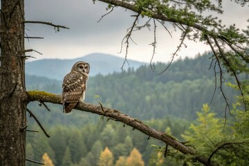 Obraz premium Perched on a sturdy branch the owl's camouflage blending seamlessly into its surroundings, daytime sentinel, branch