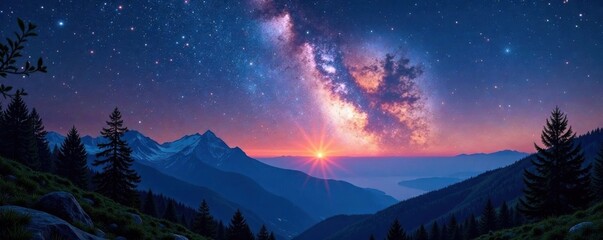 Glittering starry sky over mountains and trees, sparkles, mountains