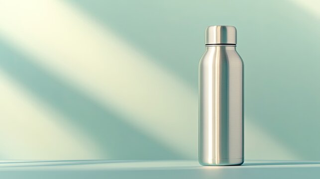 reusable water bottle in stainless steel sharp branding detail in focus soft ambient light reflecting on surface simple