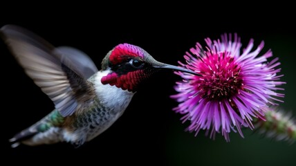 Fototapeta premium Hummingbird in Motion: A tiny hummingbird sipping nectar from a bright red flower.