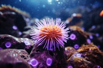 Fototapeta premium Colorful Paracentrotus Lividus Sea Urchin in Mediterranean Underwater Scene - Marine Life and Seafood Closeup