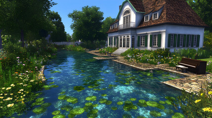 Obraz premium an oasis with a piano and a cocktail in surrealistic style on a sunny day