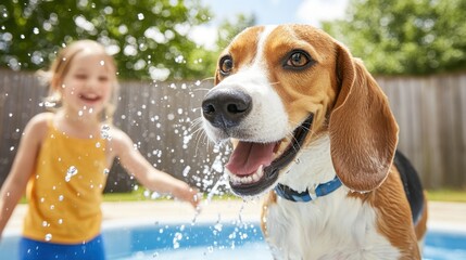 A joyful beagle plays in water while a child enjoys a sunny day, creating a lively and fun atmosphere.
