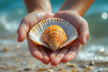 Hands holding seashell at sunny beach symbolizing nature beauty, gratitude, mindfulness, ocean connection and peaceful summer travel