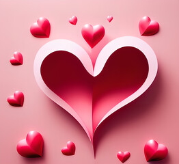 Heart Happy Valentine's day poster or voucher. Beautiful paper cut white clouds with white heart frame on pink background illustration. Papercut style. Place for text.generative ai