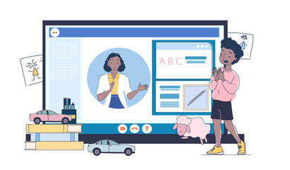 Illustration of a child engaging in online learning, with a teacher on a screen, books, and toys in a creative setup. Educational concept. Vector illustration