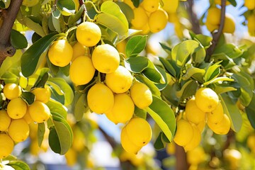Lemons hanging from a tree in a grove zoomed in