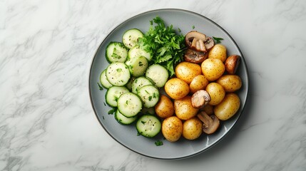 dish with cucumbers, potatoes, mushrooms and greens. Plate with food, cooked food in a plate on the table