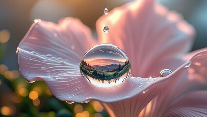 Dewdrop lens reflecting sunset landscape on flower petal
