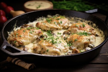 Creamy Tuscan Chicken in a Cast Iron Pan with Artichokes and Garlic, Close-Up. Perfect Baked Dinner with Alfredo Sauce