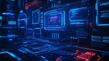 Hud frames set for computer game ui isolated on black background. Vector realistic illustration of neon blue borders, futuristic scifi interface design elements, gaming menu box, abstract circuit chip