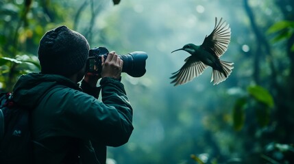 Fototapeta premium Wildlife Photographer Captures Rare Bird in Lush Green Environment