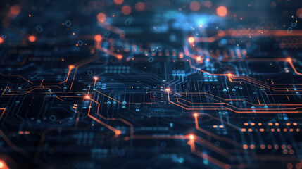 Obraz premium A futuristic digital circuit board with glowing orange and blue lines.