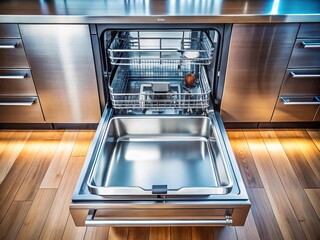 Empty Dishwasher Drawer Close-up: Clean Modern Kitchen Appliance Detail