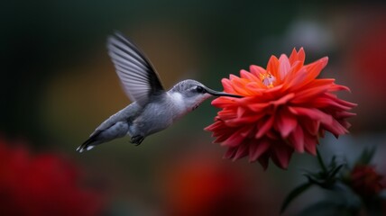 Hummingbird in Motion: A tiny hummingbird sipping nectar from a bright red flower.
