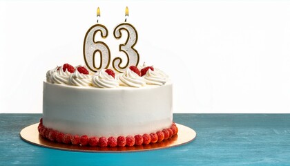 Decorated white cake for birthday or anniversary party, candle number 63, white background