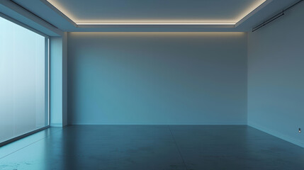 Obraz premium A modern, minimalist room with a large window and a blue-tinted ceiling.