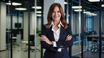 Mature business woman smiling confident with arms crossed looking like a corporate senior manager or an experienced female entrepreneur