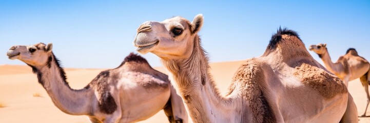 A banner with the image of two one-humped camels. Against the background of a sandy desert landscape under a clear, bright blue sky.