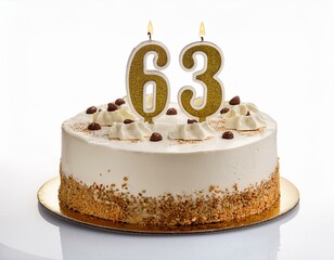 Decorated white cake for birthday or anniversary party, candle number 63, white background