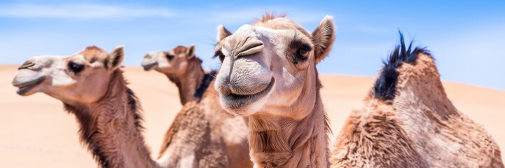 Fototapeta premium A banner with the image of two one-humped camels. Against the background of a sandy desert landscape under a clear, bright blue sky.