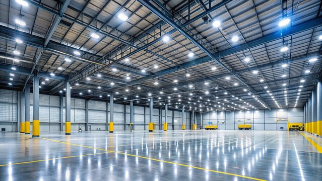 Empty Modern Distribution Center at Night - LED Lighting, High Bays, Industrial Logistics