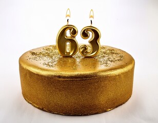 Decorated gold cake for birthday or anniversary party, candle number 63, white background
