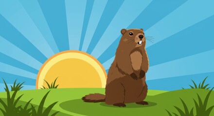 Cartoon groundhog with confident expression standing on green hill during sunrise