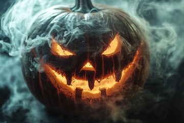 Fototapeta premium Spooky Halloween Night with Glowing Jack-O’-Lanterns, Full Moon, Haunted Graveyard, and Flying Bats in a Chilling Fantasy Horror Scene