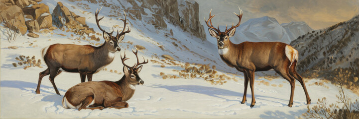 Obraz premium A banner depicting red deer against a snowy mountain landscape. The background shows a mountainous area with rocky cliffs and sparse snow-covered vegetation.