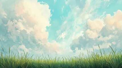 Serene Meadow Under a Cloudy Sky: A Pastoral Digital Painting