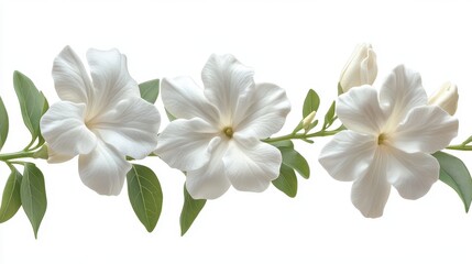 Fototapeta premium A close-up of three white flowers with green leaves on a branch.