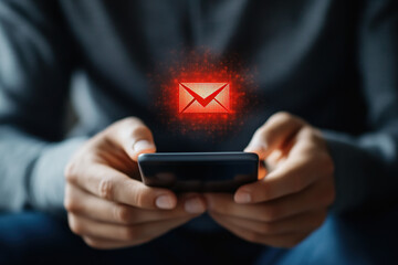Close-up of Businessman's Hand Using Mobile Phone with Warning Light and Drop-shaped Icon. Digital Hologram Envelope Icon in Red-bordered Message Bubble on Office Desk. Black Box Email Service Concept
