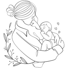 Woman breastfeeding her baby line art drawing, vector minimalist illustration.Breastfeeding concept