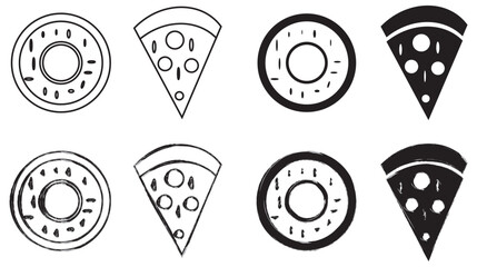 Pizza and donut icon set. hand-drawn and bold outline styles. vector illustration