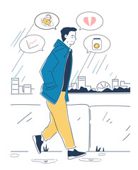 A man in a blue coat walking in the rain, thinking about finances, love, and security urban background. Concept of stress and mental burden. Flat cartoon vector illustration
