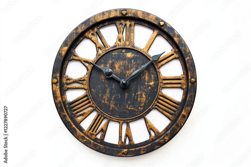 Leinwandbilder Vintage wall clock with Roman numerals and distressed finish displaying time in an elegant manner. Generative AI