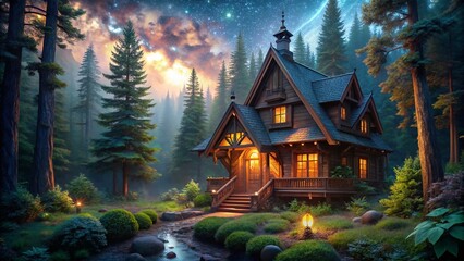 Fototapeta premium Enchanting Fantasy Wooden House Night Landscape, Magical Forest Cottage, Fairytale Home, Mystical Night Scene, Dreamy Nighttime.
