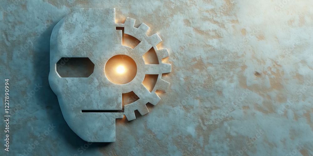 Poster a minimalist robot face is set within a simple gear outline, creating a symbol of mechanical intelli
