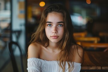Fototapeta premium A Good-looking young woman sitting at the cafe table.