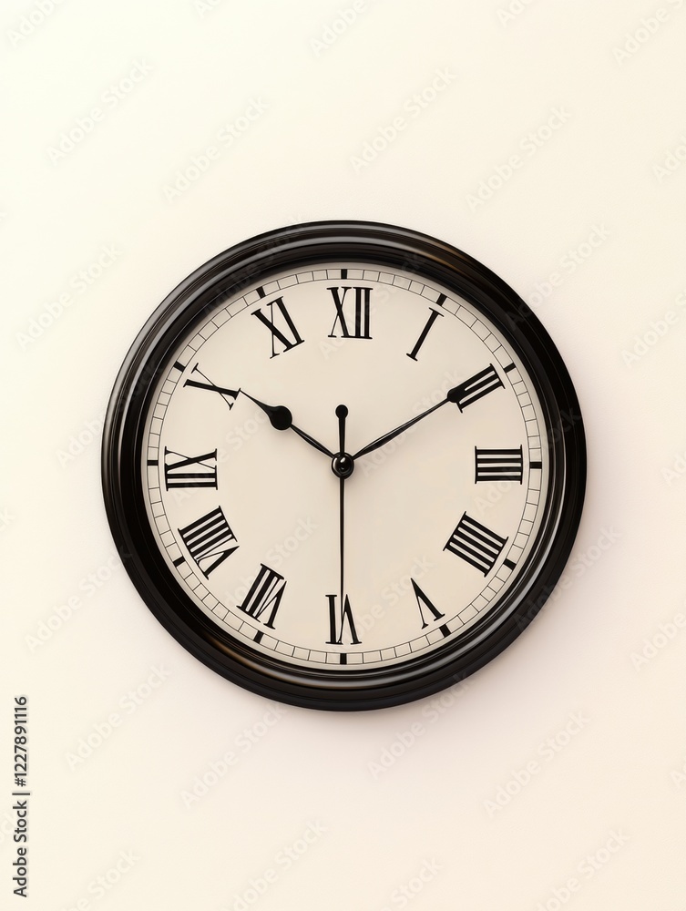 Poster Classic wall clock displaying elegant Roman numerals showing the time in a minimalist setting. Generative AI