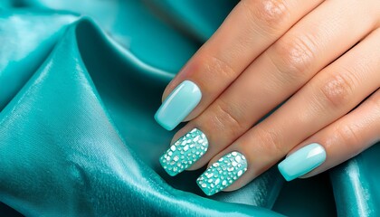 turquoise nails with white details