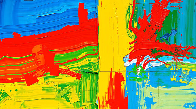 Abstract expressionism, vibrant color palette, bold brushstrokes, impasto technique, red yellow blue green, energetic composition, textured canvas, modern art, dynamic movement, splattered paint, gest