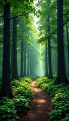 Obraz premium Forest with tall trees and winding path, wilderness, trees