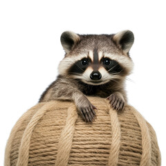 Obraz premium Curious Radiant Cat Playfully Perched on Colorful Ball of Soft Yarn Surrounded by Cozy Home Environment and Warm Lighting isolated on a white background
