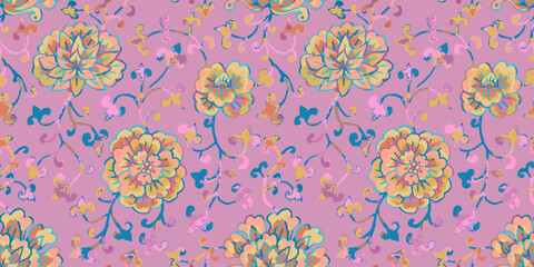 Watercolor style chinoiserie seamless pattern with pink background. Ginger jar variegated floral repeat design. Chinese traditional art print.