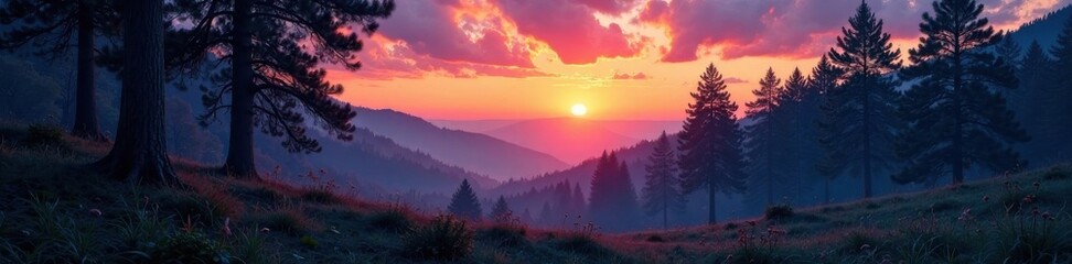 Forest landscape twilight, misty, twilight