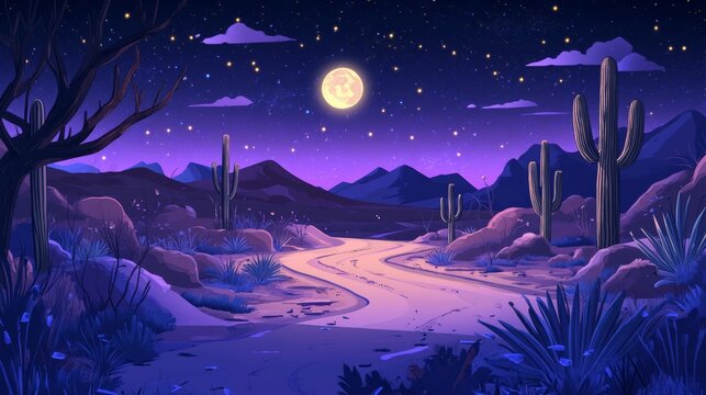 Night summer desert road. Vector cartoon illustration of old cracked highway on landscape with sandy dunes, cactus and plants, neon fireflies glowing in darkness, full moon in starry sky with clouds