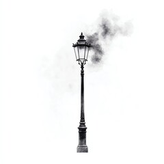 A vintage street lamp with a smoky haze emanating from it, set against a pristine white background, showcasing a fusion of urban elegance and a hint of mystery.